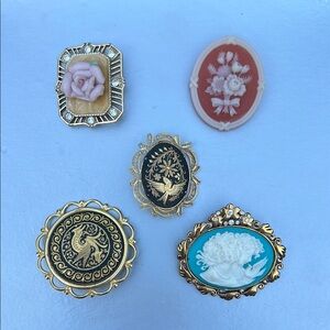Vintage Style Brooch Set with Floral and Cameo Designs